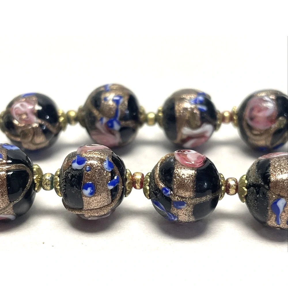 Vintage Venetian Wedding Cake Glass Bead Necklace Black Pink Blue Gold 22 inch